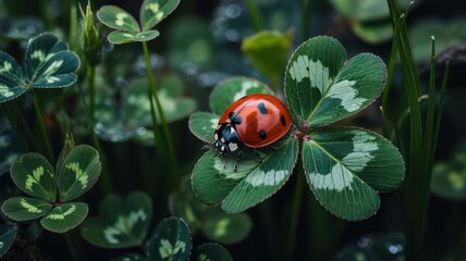 Obraz premium Ladybug on vibrant green four-leaf clover in natural macro close-up scene