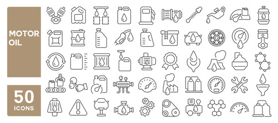 Set of 50 line icons related to motor oil, machine oil, filter, gallon, jerrycan, diesel, engine, tank, piston, lubricant, Editable stroke. Vector illustration