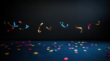 Colorful ribbons and confetti falling against a dark backdrop.