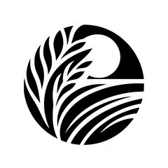 Minimalist Wheat Field and Rising Sun Logo, Black and White
