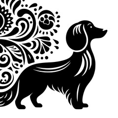 Dachshund Silhouette with Floral Design, Black and White