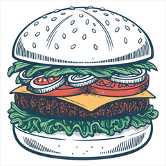 Hand-drawn sketch of fast food, isolated on white backdrop, black and white ink illustration of a burger with meat, onion, tomatoes, and cheese