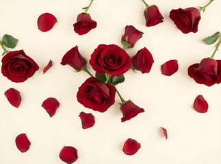 Elegant red roses and scattered petals arranged on a light background, conveying romance and beauty