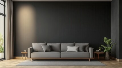 Modern minimalist living room interior design with gray sofa.