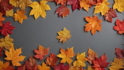 Obraz premium Autumn leaves, vibrant hues against a muted grey backdrop , aesthetic, grey, texture