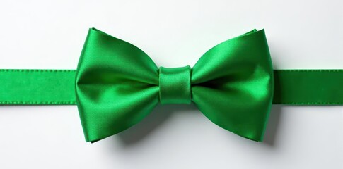 A vibrant green bow tie rests on a pristine white background , minimalist, spring