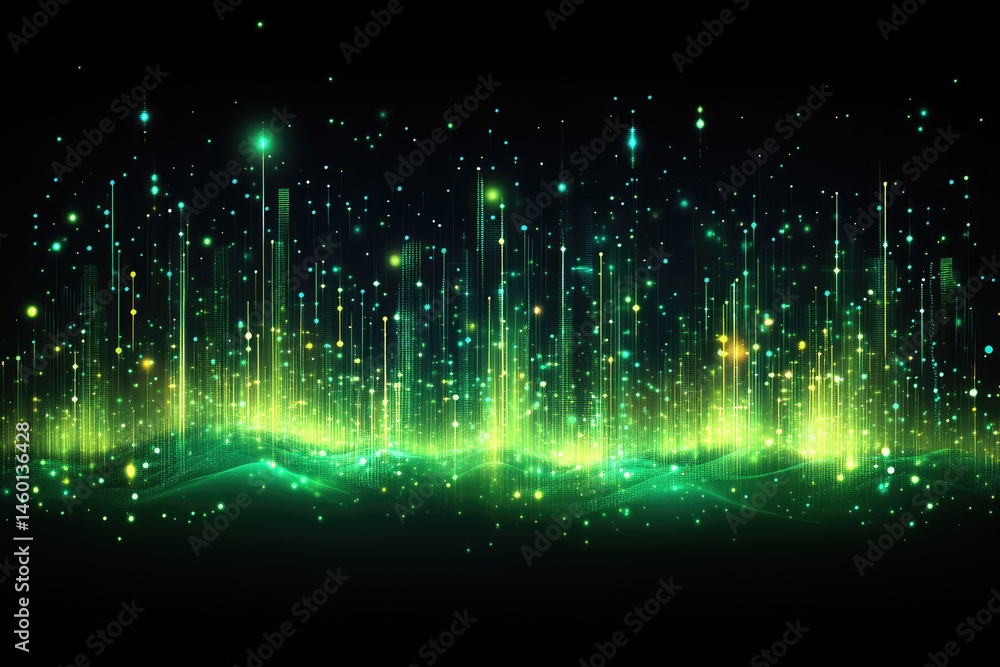Poster digital abstract landscape of glowing vertical lines and particles.