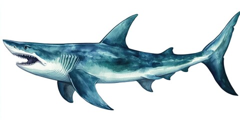 Fototapeta premium Magnificent Great White Shark Watercolor Painting: A Detailed Illustration of a Predatory Marine Animal