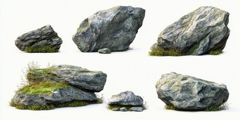 Collection of Six Realistic 3D Rendered Rocks with Moss and Grass Isolated on White Background for Game Asset or Design Element