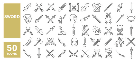 Set of 50 line icons related to sword, warrior sword, blade, sharp, metal, antique, knight, armour, dagger, broadsword, Editable stroke. Vector illustration