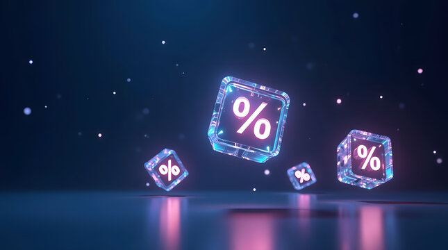 3D futuristic floating percentage cubes in a glowing blue setting, symbolizing discounts and promotions.
