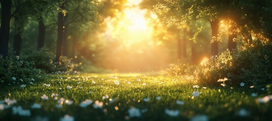Calm nature setting with green bench and warm sunlight in quiet park evoking serenity and peaceful emotion

