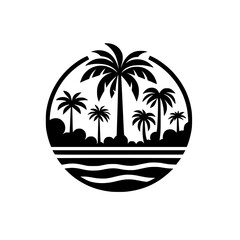 Obraz premium Silhouette Palm Tree Beach Scene Emblem in Circle