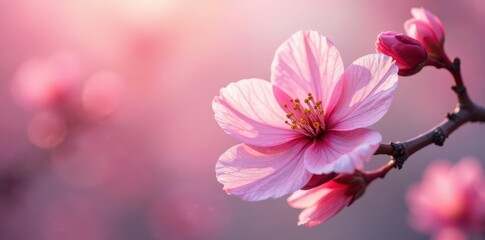 Fototapeta premium Delicate pink blossom, dissolving like cotton candy, morning light , soft focus, sweet, romantic
