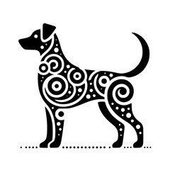 Stylized Dog Silhouette with Swirls and Dots, Black & White Vector Art