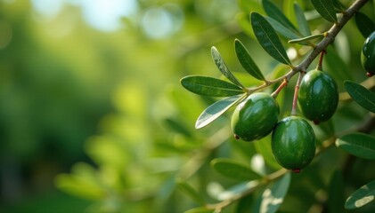 Fototapeta premium Lush green branches of an olive tree with olives and leaves, nature, olives, garden