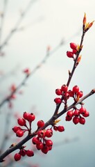 Red rowan berries against a soft white cloudy background, nature, berries