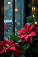 Red and green holly branches against a backdrop of frosted glass and red poinsettia flowers on a darkened Christmas night, poinsettia, evergreen, holly