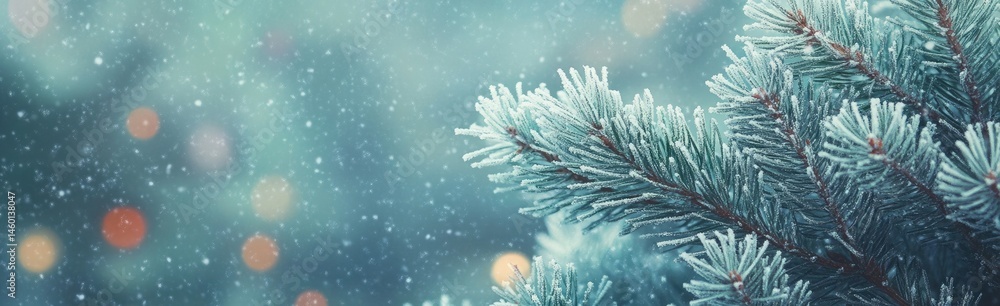 Poster frosted pine branches with bokeh background, winter with snowfall effect