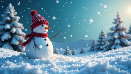 Fototapeta premium Snowy landscape with a tall snowman and Christmas tree, frosty, festive atmosphere, landscape