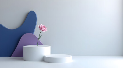 A delicate pink rose elegantly displayed on minimalist white pedestals against a soft, abstract backdrop.