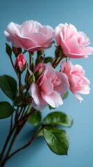 Elegant Pink Roses Blooming on Teal Background Close Up Floral Still Life