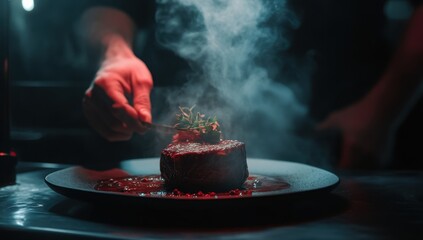 Chef plating a perfectly cooked steak