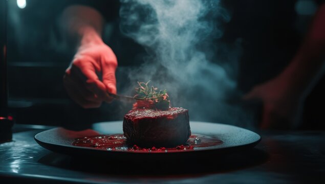 Chef plating a perfectly cooked steak - Powered by Adobe