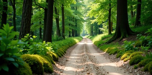 Obraz premium A winding sandy road disappears into the trees, moss, undergrowth