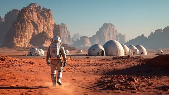 Astronaut walks slowly on Martian terrain toward space colony. Subtle forward sway. 4K.
