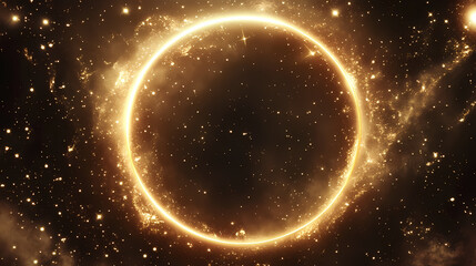 A mesmerizing cosmic scene featuring a glowing circular frame filled with sparkling stars against a dark background. [Solar Echoes] | Celestial Resonance | cosmic harmony. Illustration
