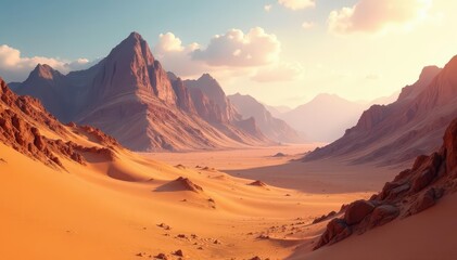 Naklejka premium Sun-baked mountains rise dramatically from a vast, sandy desert , geology, formation