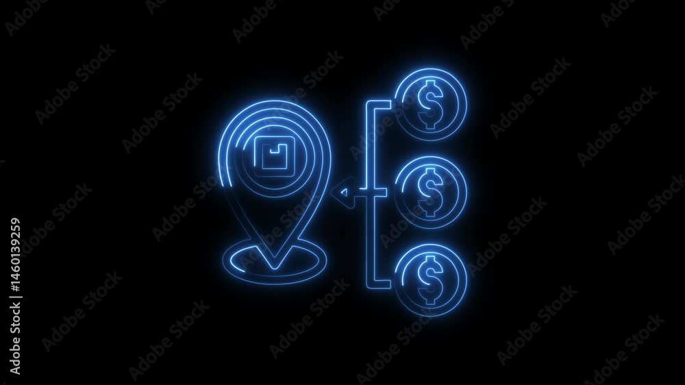 Poster neon animation showing location pin with package inside connected to dollar symbols finance and loca