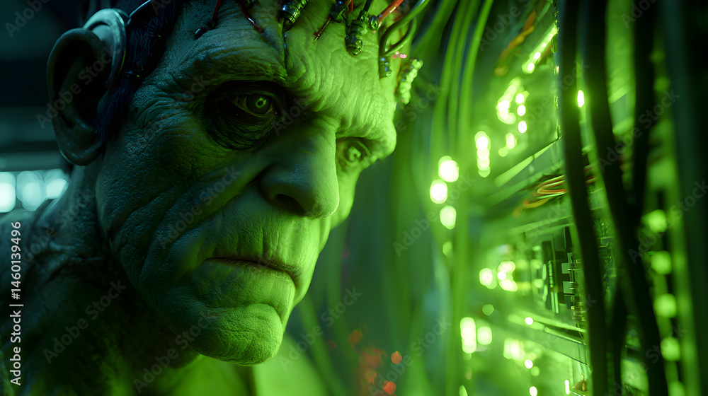 Poster cyberpunk frankenstein creature debugging futuristic technology