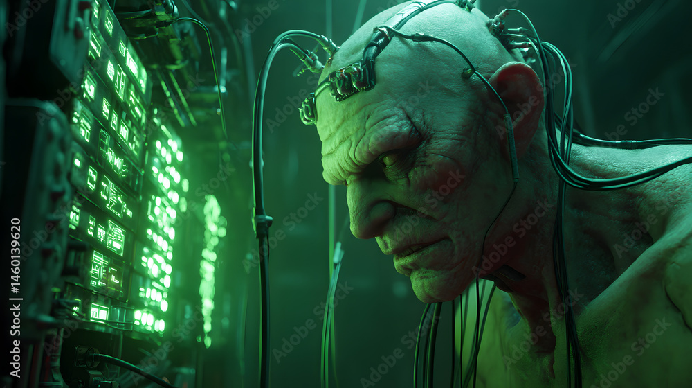 Poster cyberpunk reanimated creature debugging futuristic technology