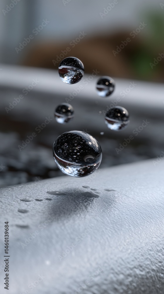 Poster floating water droplets above wet surface reflecting light and creating a clean and minimalistic sce