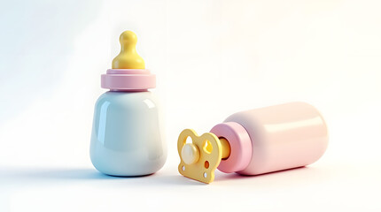Two colorful baby bottles with a pacifier, representing early childhood essentials.