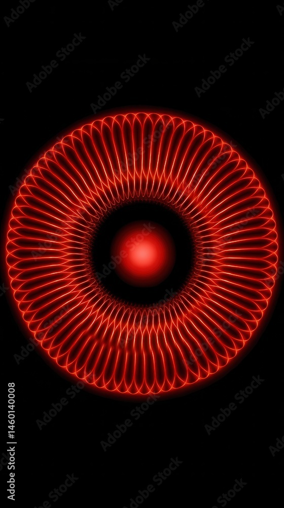Poster glowing red circular coil pattern with central sphere on black background abstract