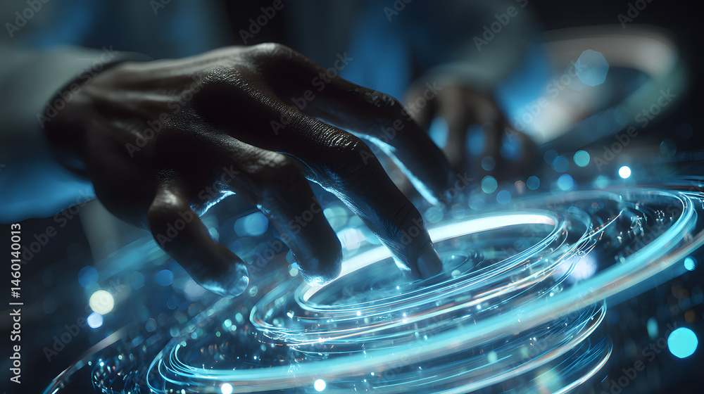 Poster quantum computing interface researcher interacting with futuristic technology