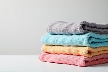 Softly folded towels stacked on a white surface, clean, fold, laundry