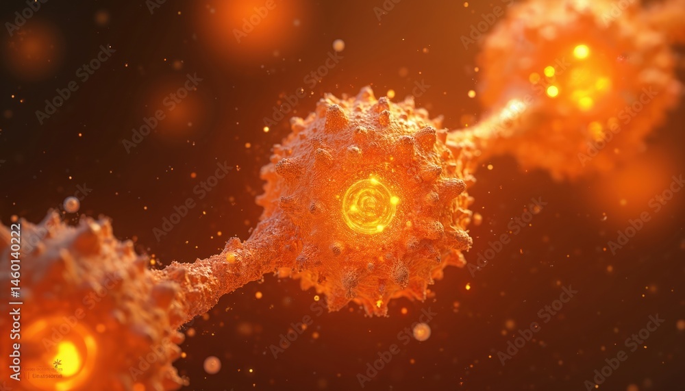 Aufkleber Abstract orange molecular structure illustration with bokeh lights, bright glow. 3D rendering of science biology tech energy concept. Futuristic design, artistic vibrant dynamic modern illustration.