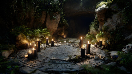 Enigmatic Forest Cave Ritual Dark Candles & Ancient Symbols