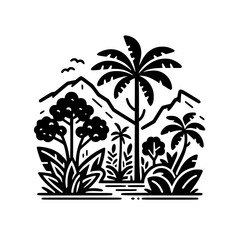 Minimalist Tropical Landscape Illustration: Palm Trees, Mountains, Nature