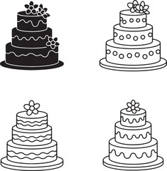 Happy Birthday Cake Outline & silhouette set vector illustration isolated On Transparent Background
