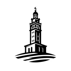 Black & White Mosque Minaret Silhouette with Crescent Moon