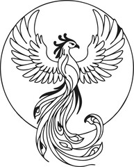 Phoenix Tattoo Encircled by Flames in Simple Monoline Composition