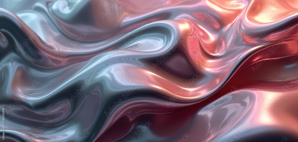 Poster abstract metallic fluid forms with glossy, shiny, smooth waves. silver, grey, red, pink, purple colo