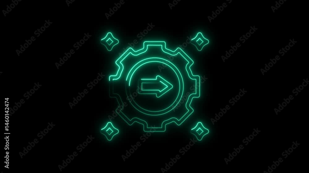 Poster neon green gear mechanism with arrow and sparkles animation for technology and engineering concepts