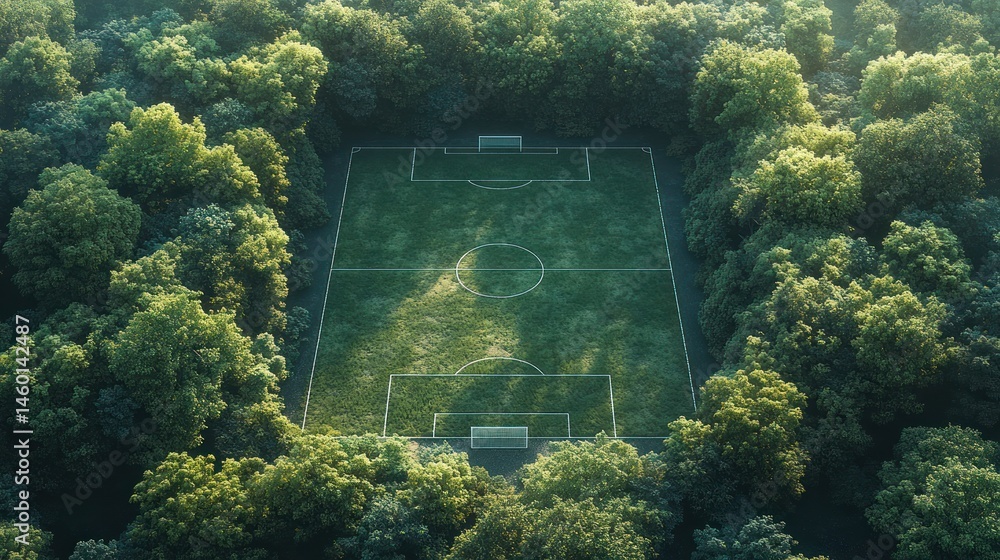 Poster empty soccer field nestled within a lush forest