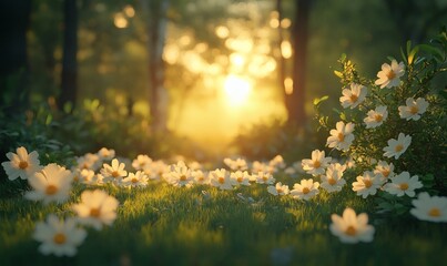 Fototapeta premium Calm nature setting with green bench and warm sunlight in quiet park evoking serenity and peaceful emotion 